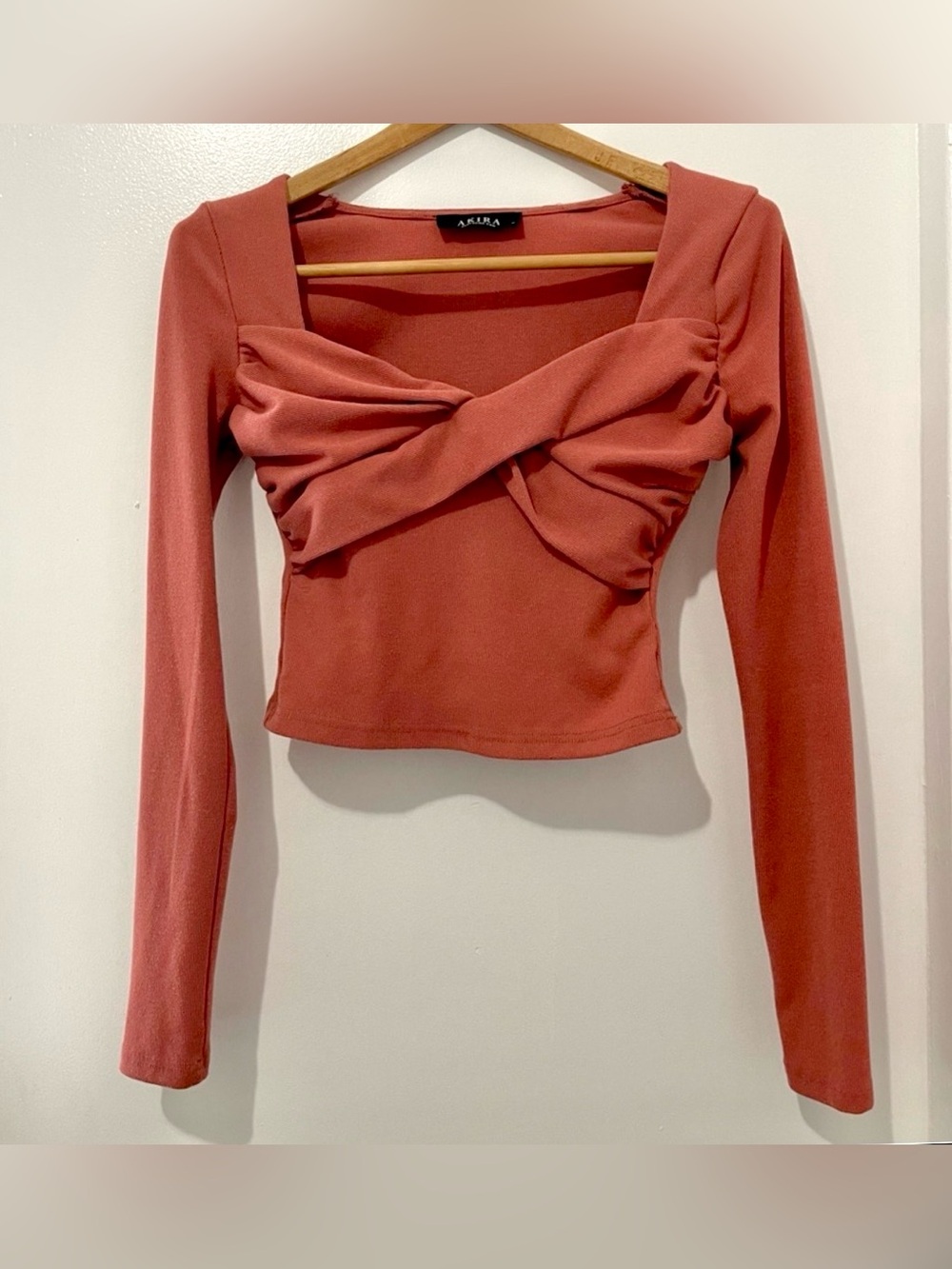 Whimsygoth Crossover Twist Front Long Sleeve Going Out Rust Knit Crop Top AKIRA